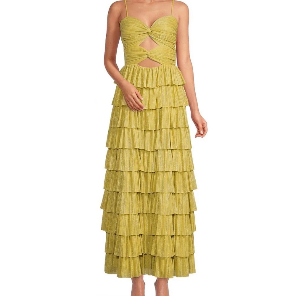 Grace Metallic Plisse Sweetheart Neck Cut-Out Tiered Dress Size 10